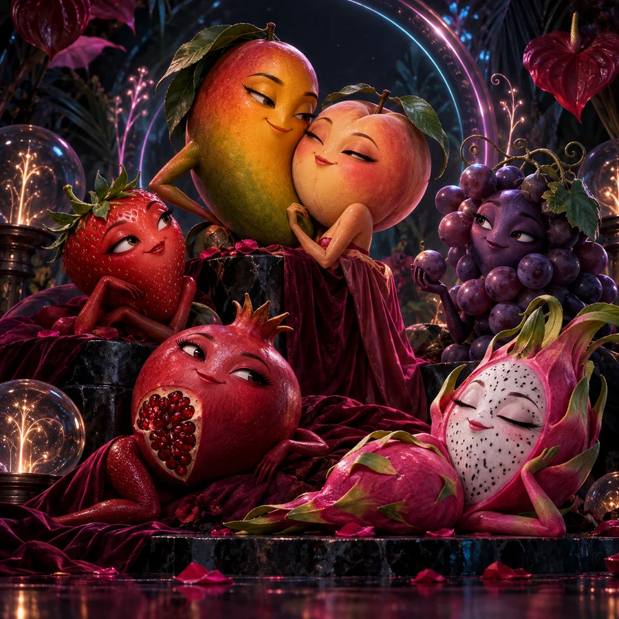 Surreal AI-generated fantasy artwork with anthropomorphic mango, peach, strawberry, grapes, pomegranate and dragon fruit characters