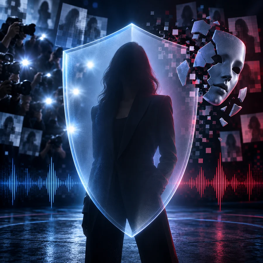 Fictional public figure silhouette protected by a digital shield from a broken deepfake mask and cloned audio waveform