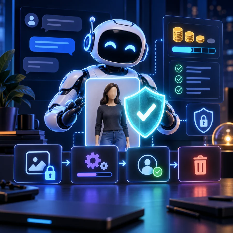 AI assistant auditing a Telegram-style cloth removal bot with free credits, encrypted upload, consent checks and file deletion