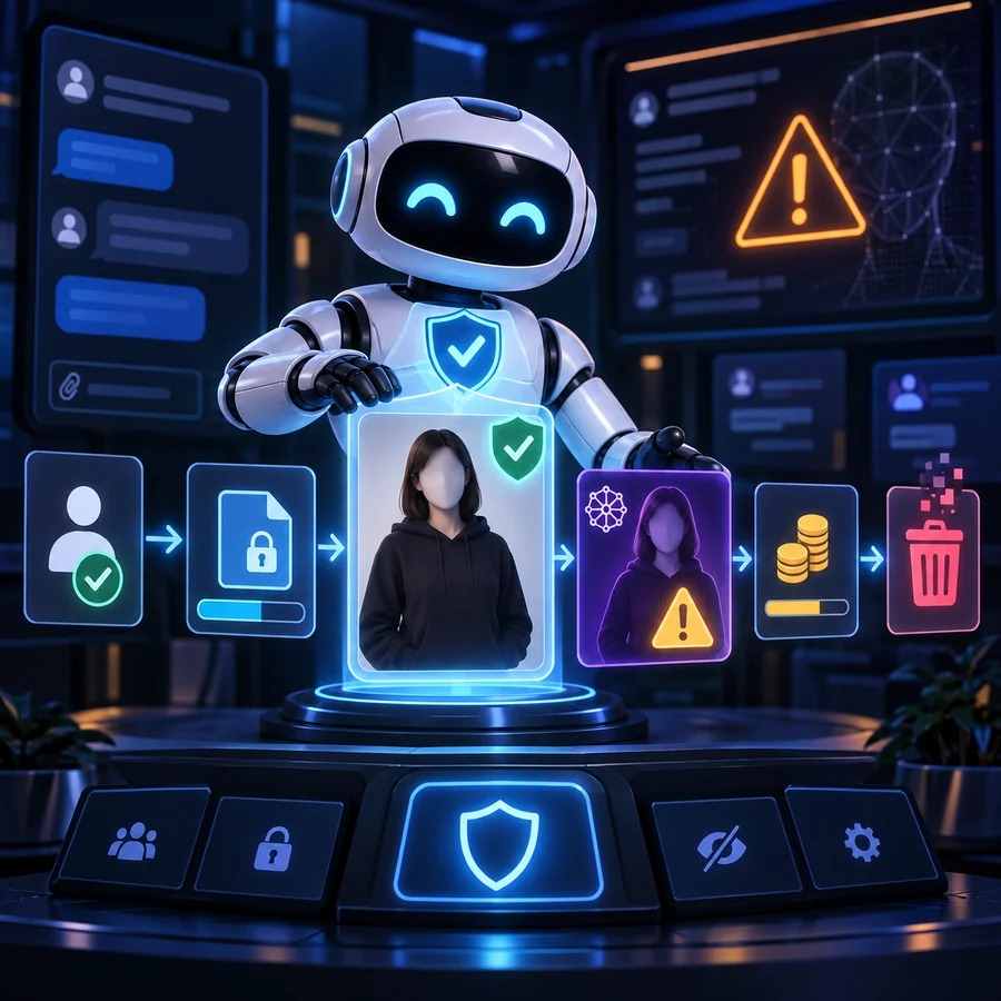 AI safety assistant auditing a DeepNude-style Telegram bot with consent verification, encrypted upload, synthetic warning, credits and deletion