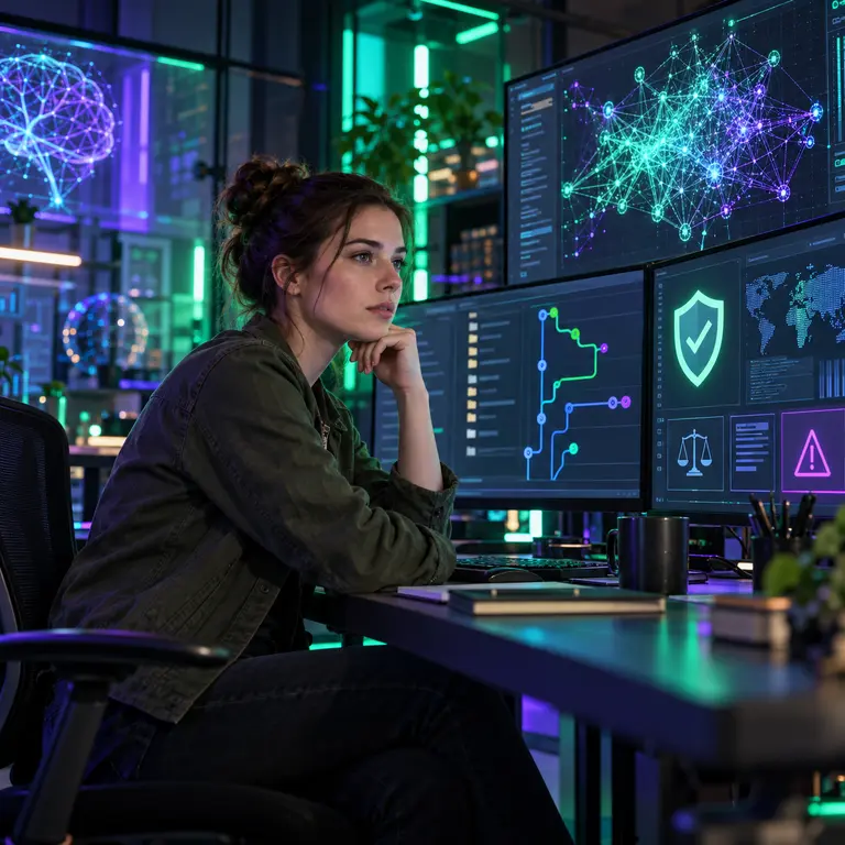 Machine-learning engineer reviewing model architecture, data governance and legal safeguards