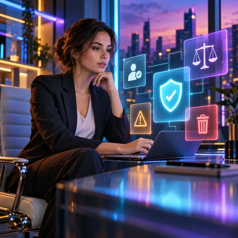 Adult reviewer examining legal, privacy and consent controls for an AI image service