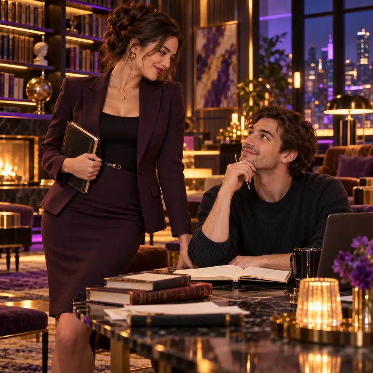 Two fictional adults in a stylish library during an AI romance writing workshop