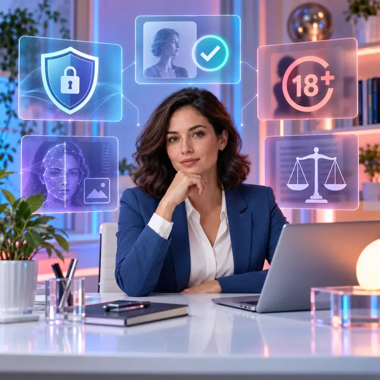 Adult reviewer checking consent, privacy, age and legal safeguards for synthetic media