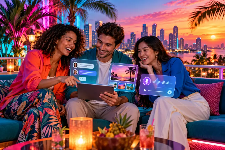Group of adults comparing fictional AI chat, image and voice features on a neon tropical rooftop