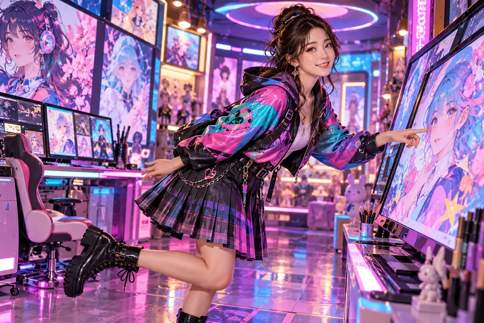 Adult artist exploring colorful anime-inspired AI illustrations in a neon arcade studio
