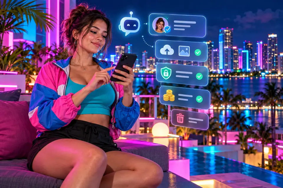 Adult user checking bot identity, secure upload, privacy, credits and deletion on a neon rooftop