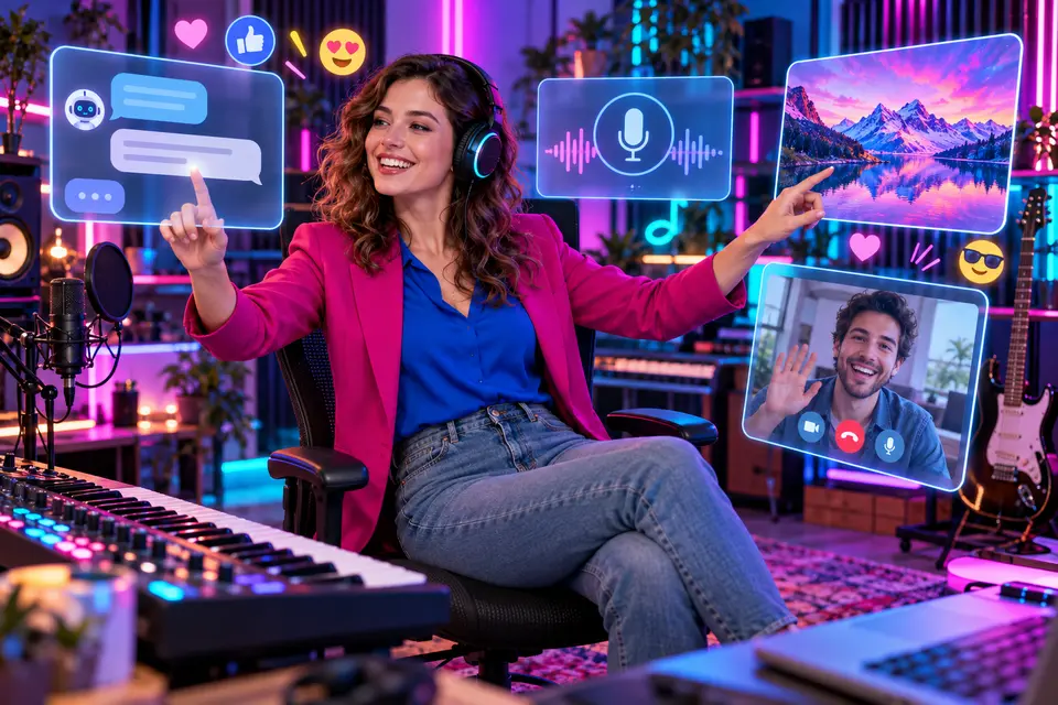 Adult user playfully testing chat, voice, image and video-call features in a neon studio