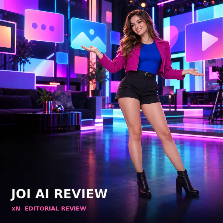 Fictional adult AI companion interacting with chat image and video concepts for the JOI AI review