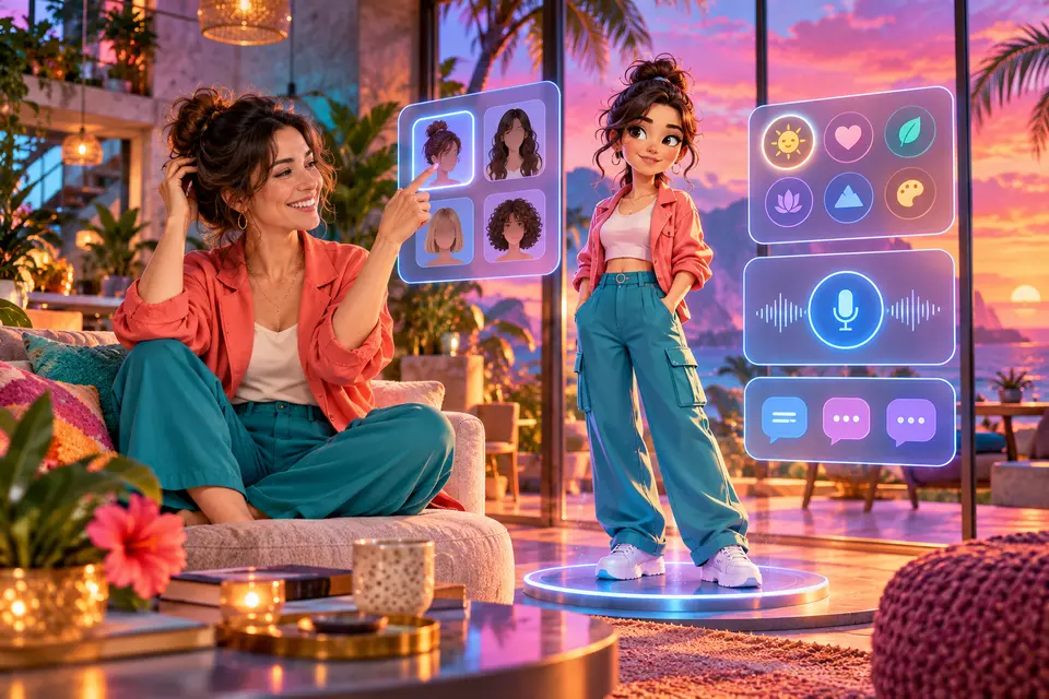Adult creator using a fictional AI companion character customization dashboard