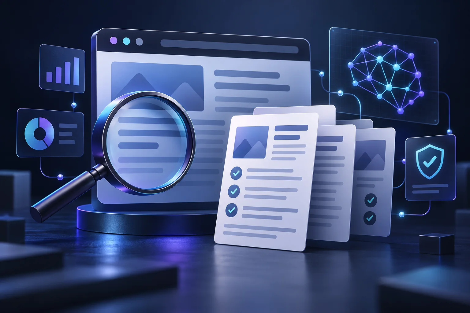 Magnifying glass examining an AI review website with article and verification cards.