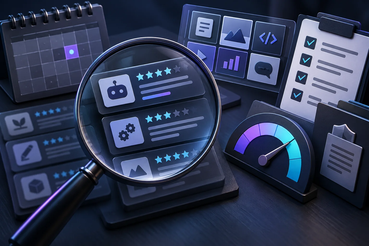 Magnifying glass, checklist and rating gauge used to assess an AI tool review.
