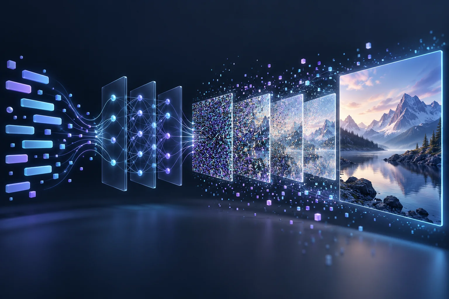 Prompt elements passing through a neural network and pixel stages to form a synthetic landscape.