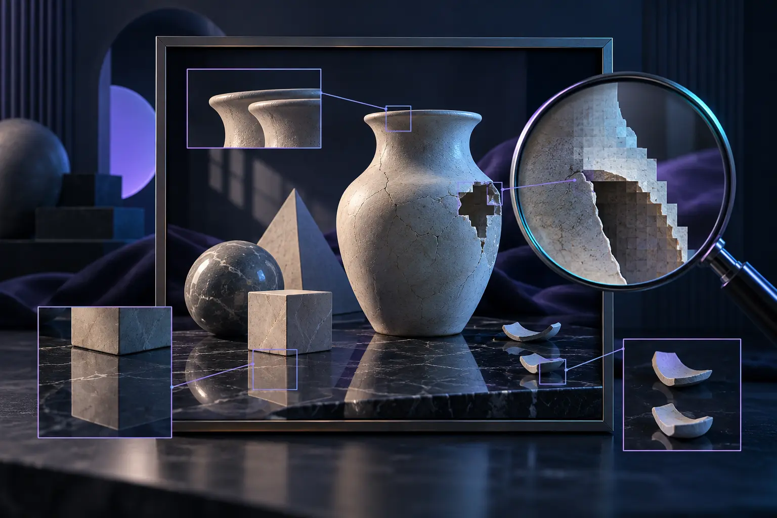 Magnifying glass highlighting broken edges, repeated fragments and mismatched details in a synthetic still life.