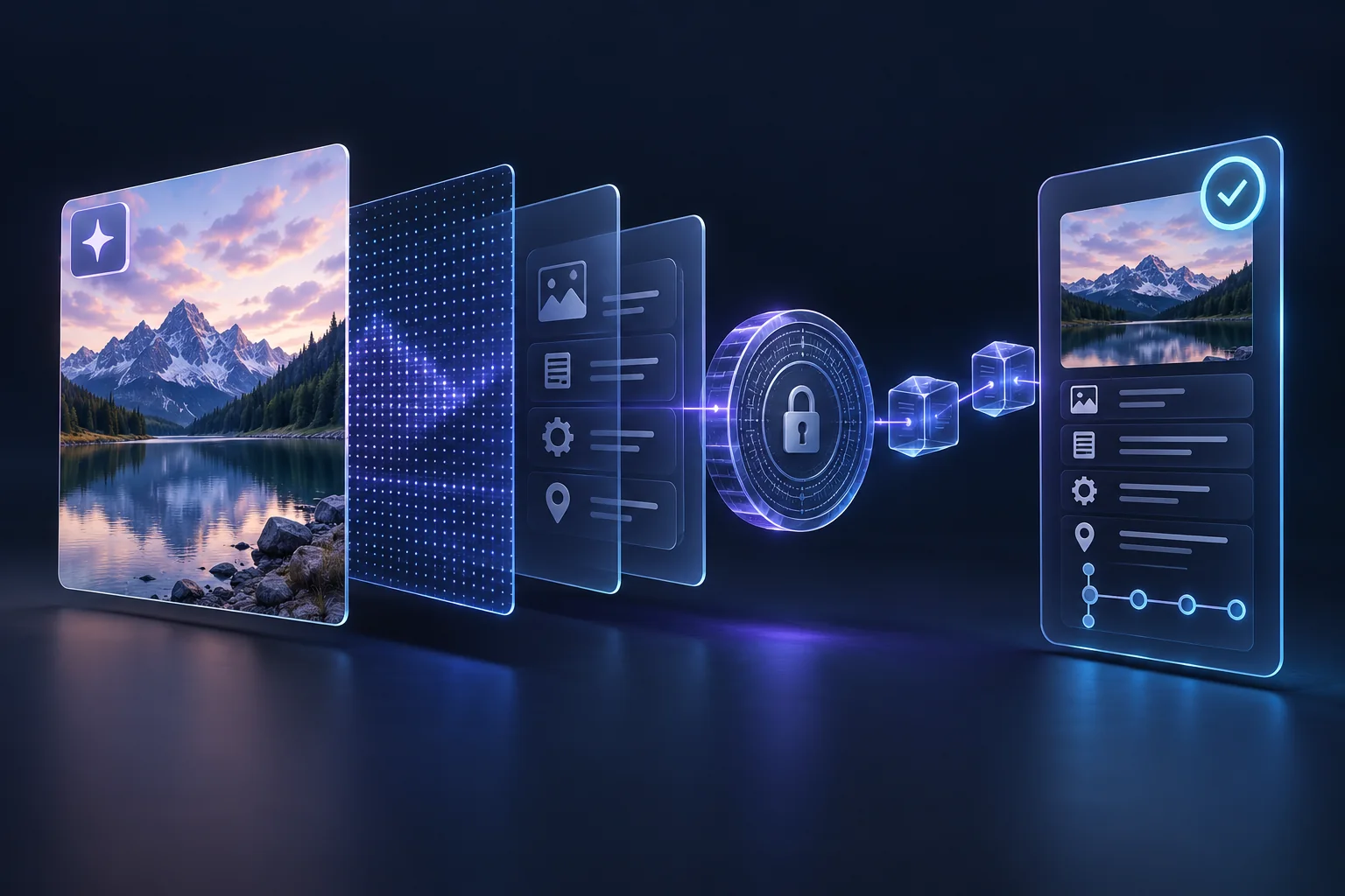 Image card connected through watermark, metadata and cryptographic provenance layers to a credential record.