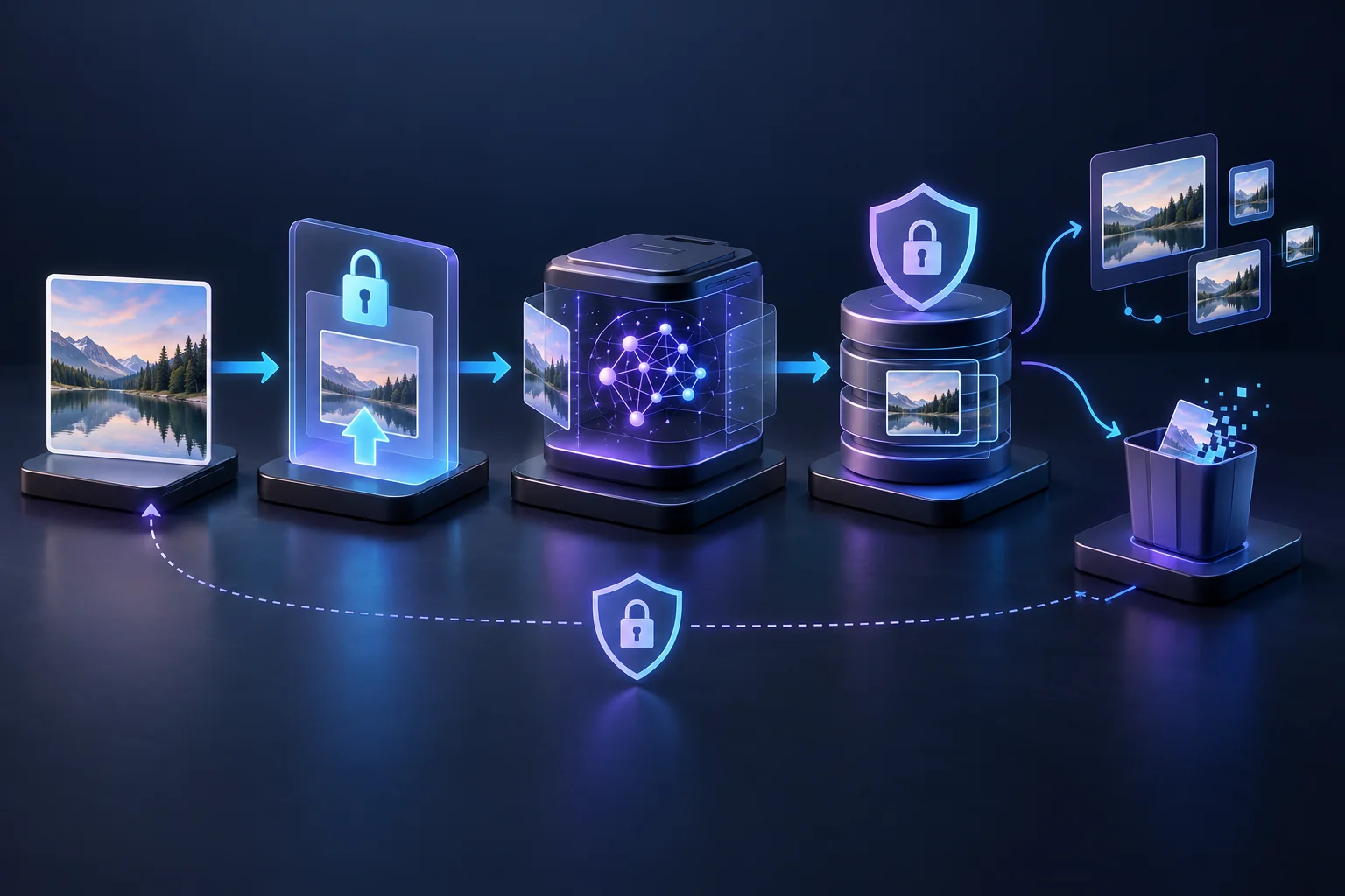 Landscape photo passing through secure upload, AI processing, storage, sharing and deletion stages.