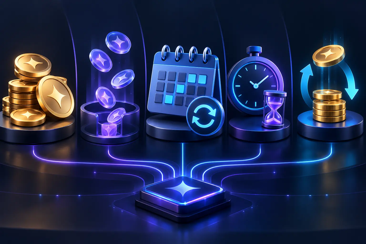 Prepaid credits, usage tokens, subscription calendar, expiry clock and automatic top-up shown as distinct billing models.