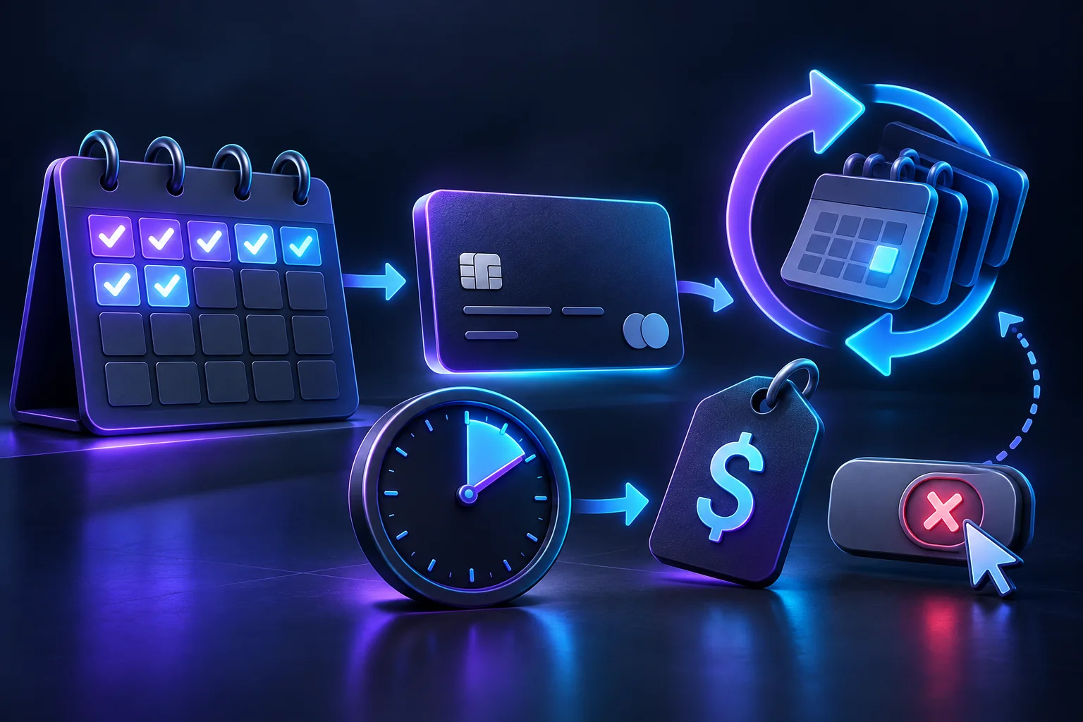 Free-trial calendar leading to payment, automatic renewal, pricing and cancellation controls.