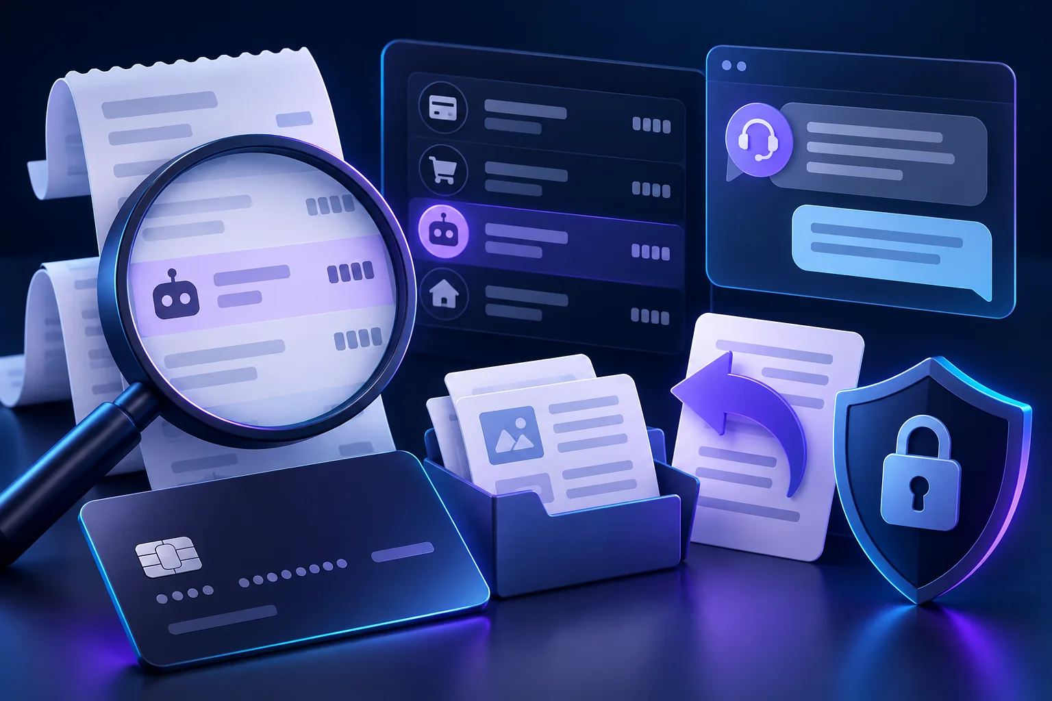 Unexpected AI service charge examined with payment records, support messages and a privacy shield.