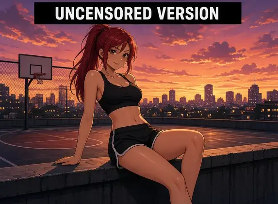 Anime girl near a basketball court: before