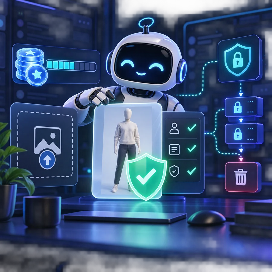 AI assistant checking free credits, encrypted image processing, consent and deletion for a fictional adult mannequin