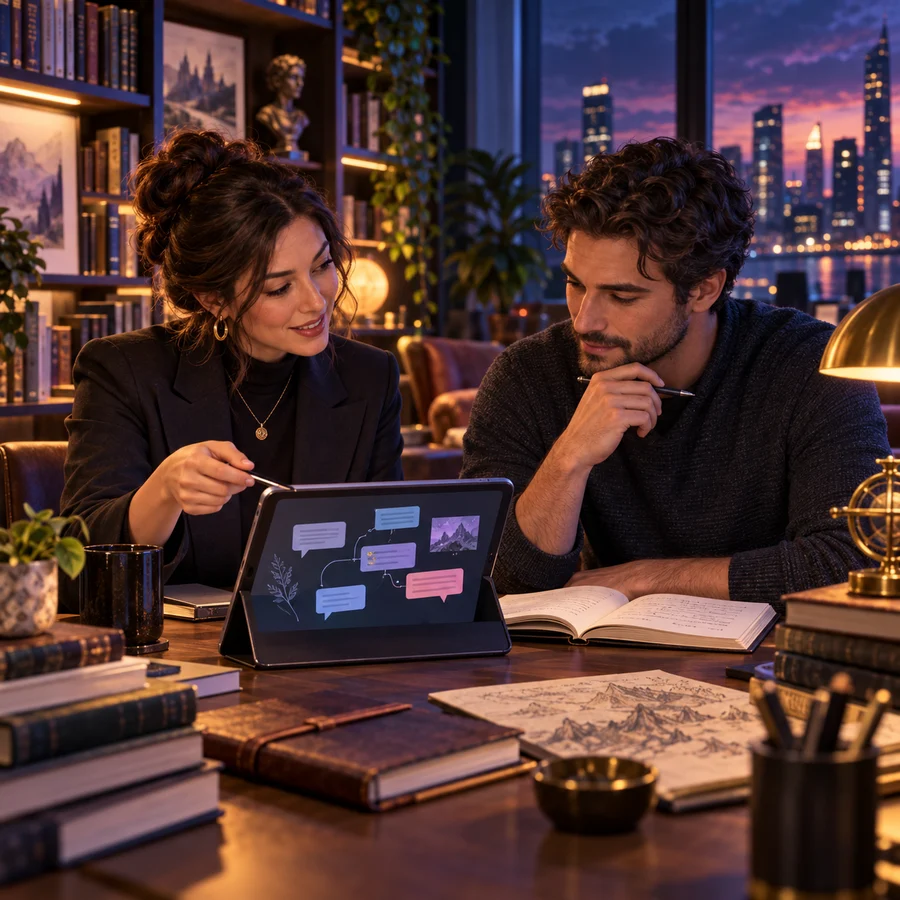 Two fictional adult writers reviewing an AI roleplay story with a mentor in a modern library studio