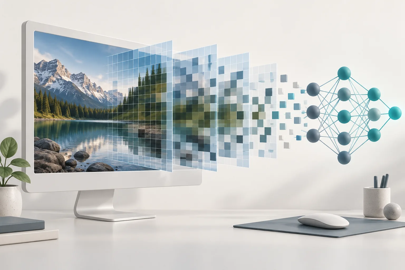 Monitor displaying a landscape image and layered pixels representing synthetic media.