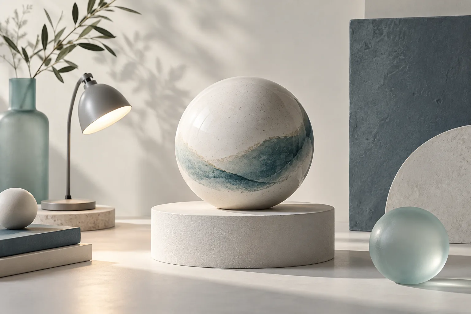 Desk lamp casting light and shadow across a ceramic sphere.