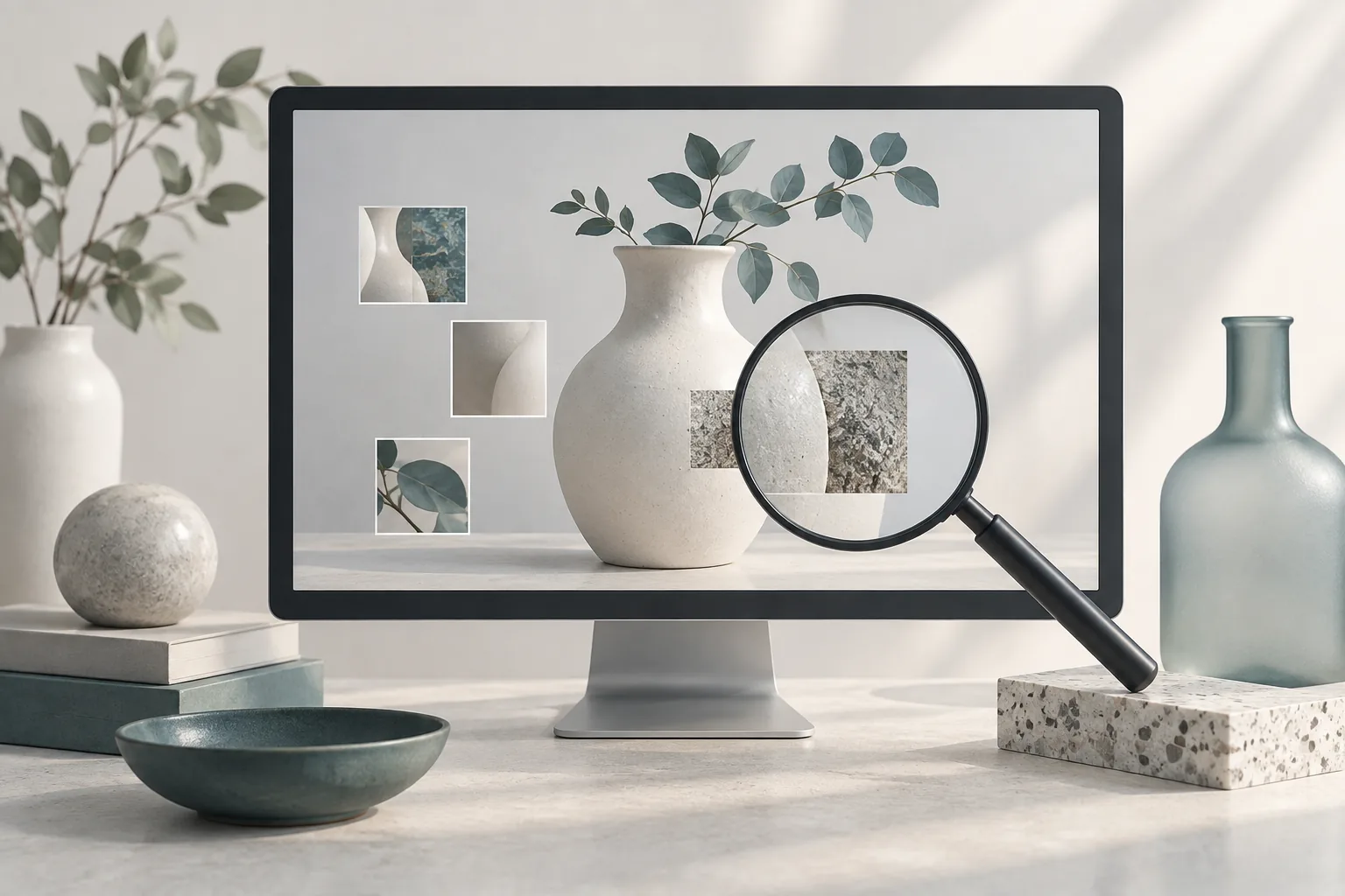 Mismatched fragments in a vase image illustrating synthetic image artifacts.