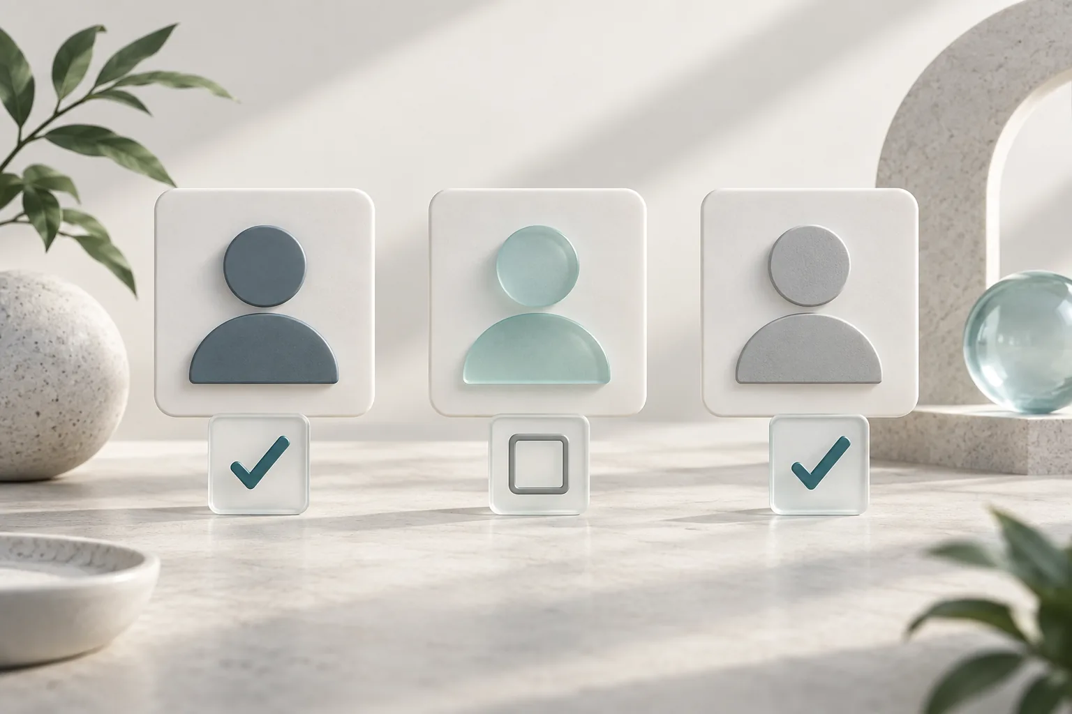 Three abstract profile cards with separate permission checkboxes.