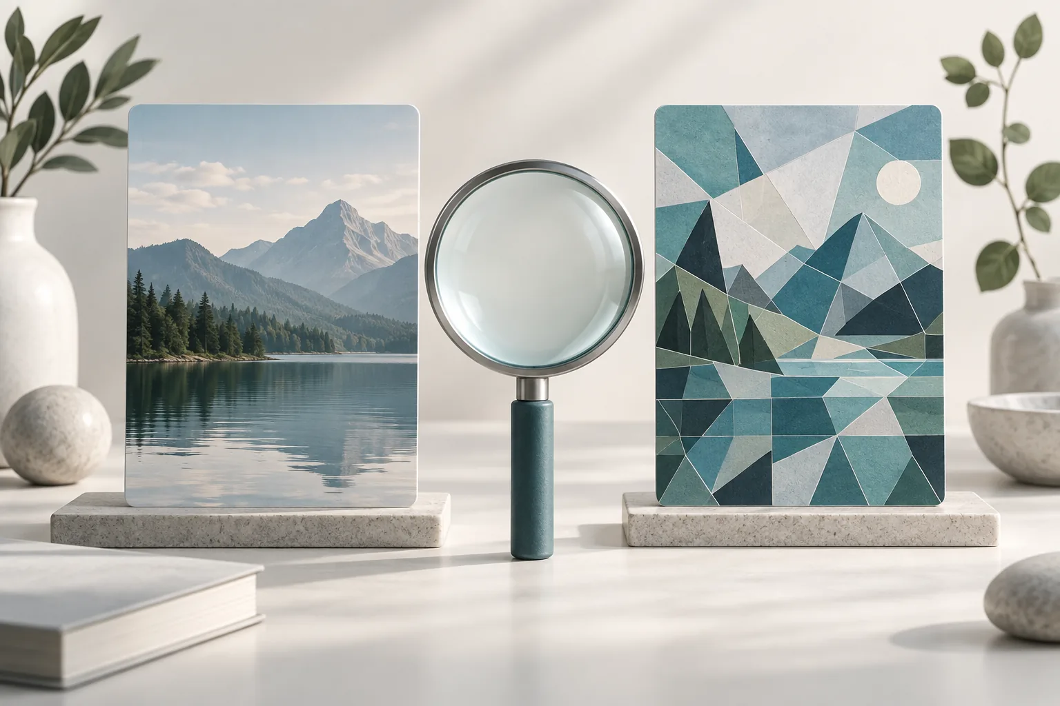 Landscape and mosaic cards illustrating the difference between source and synthetic images.