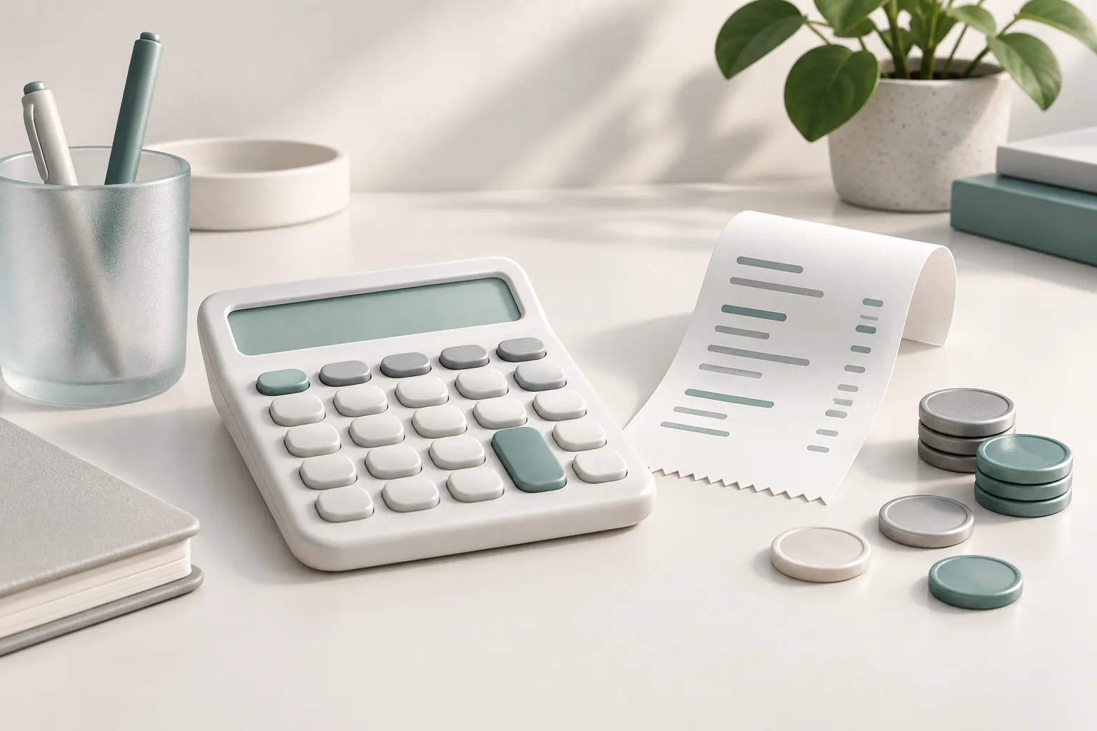 Calculator and receipt illustrating a review of online service charges.