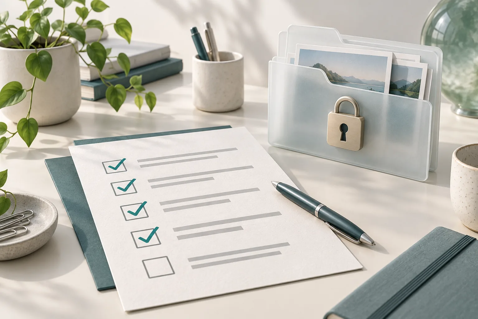 Permission checklist and locked photo folder illustrating responsible image handling.
