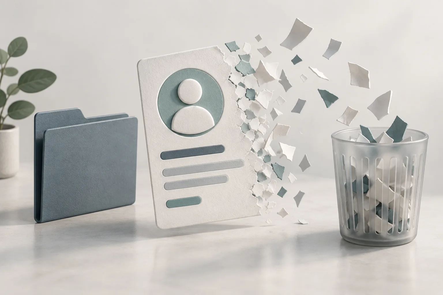 Profile card and deletion bin representing an account deletion request.