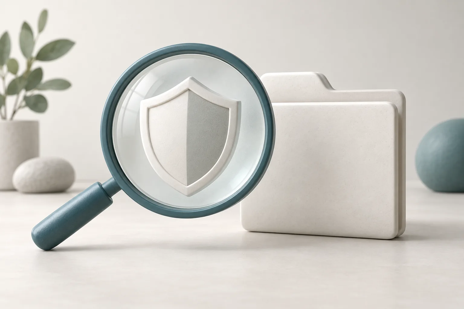 Magnifier examining a shield and image folder to assess privacy risks.