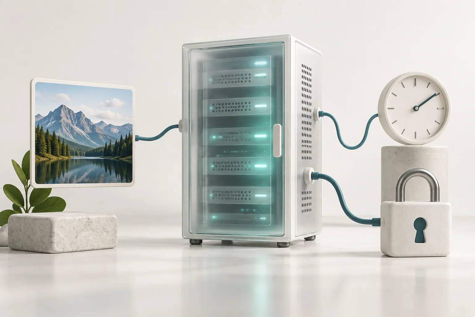 Server cabinet, image card and clock representing image retention.