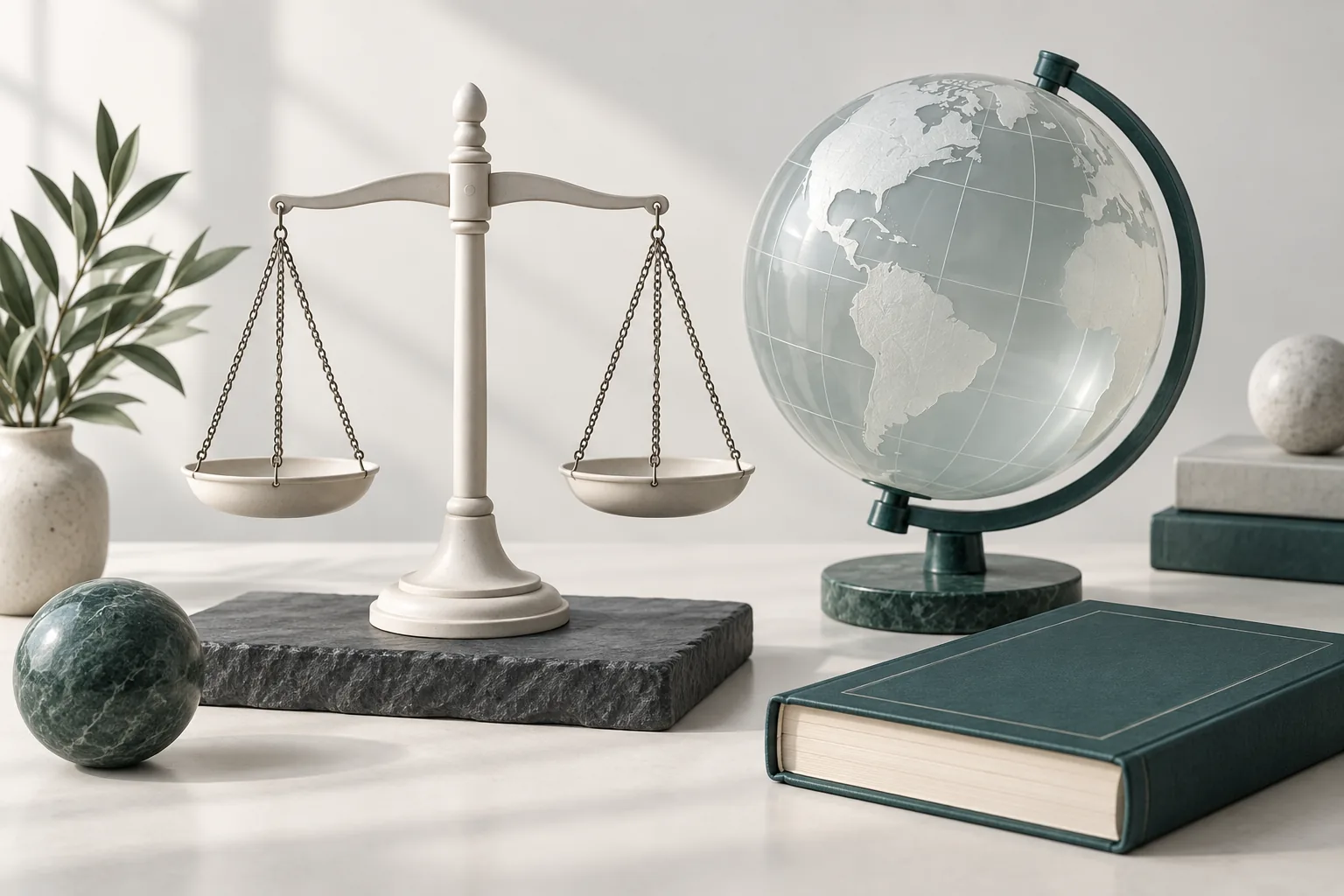 Scales, globe and policy book representing jurisdiction-dependent legal questions.