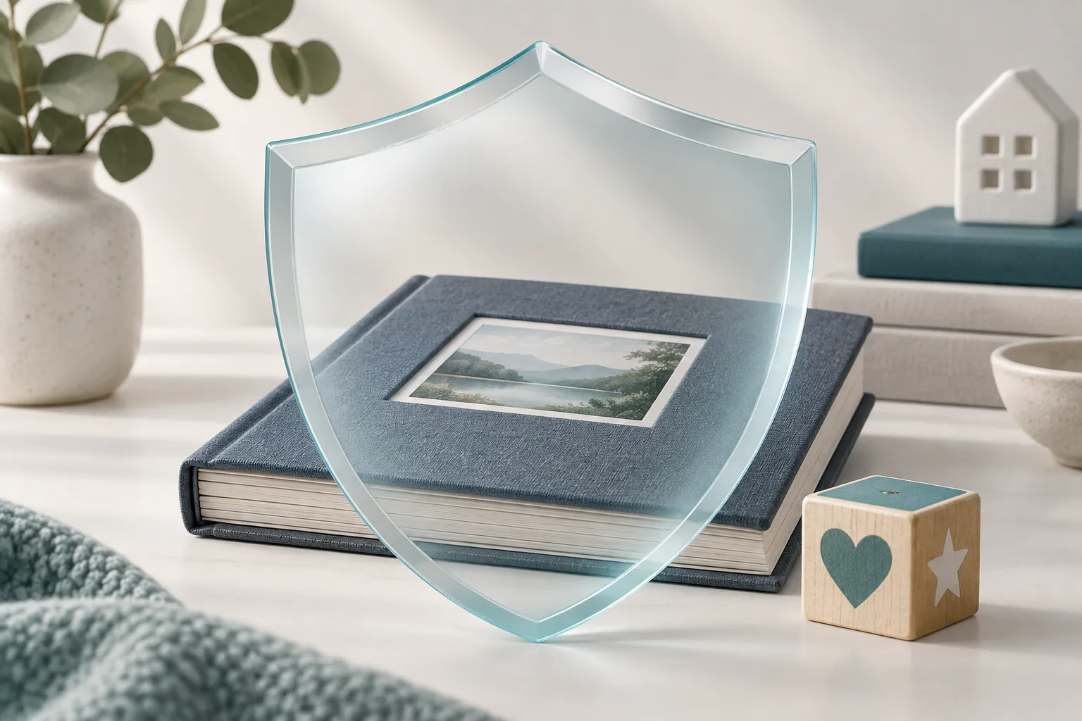 Shield protecting a closed family photo album, symbolizing child safeguarding.