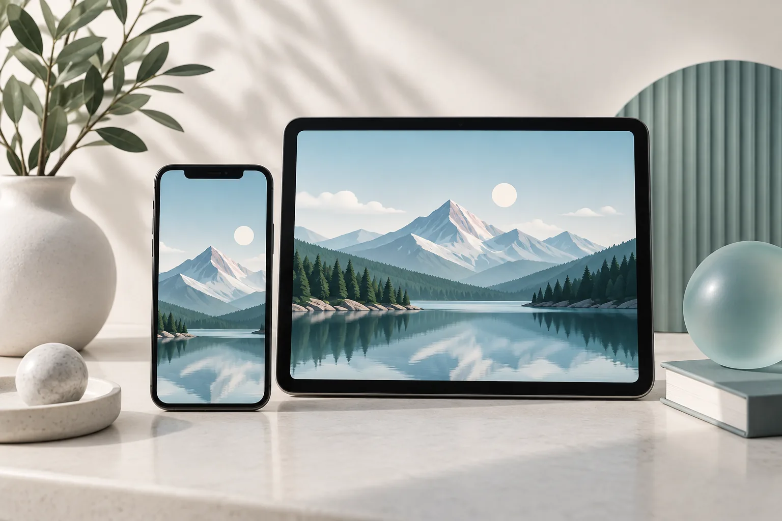 Phone and tablet displaying a neutral landscape image in browser windows.