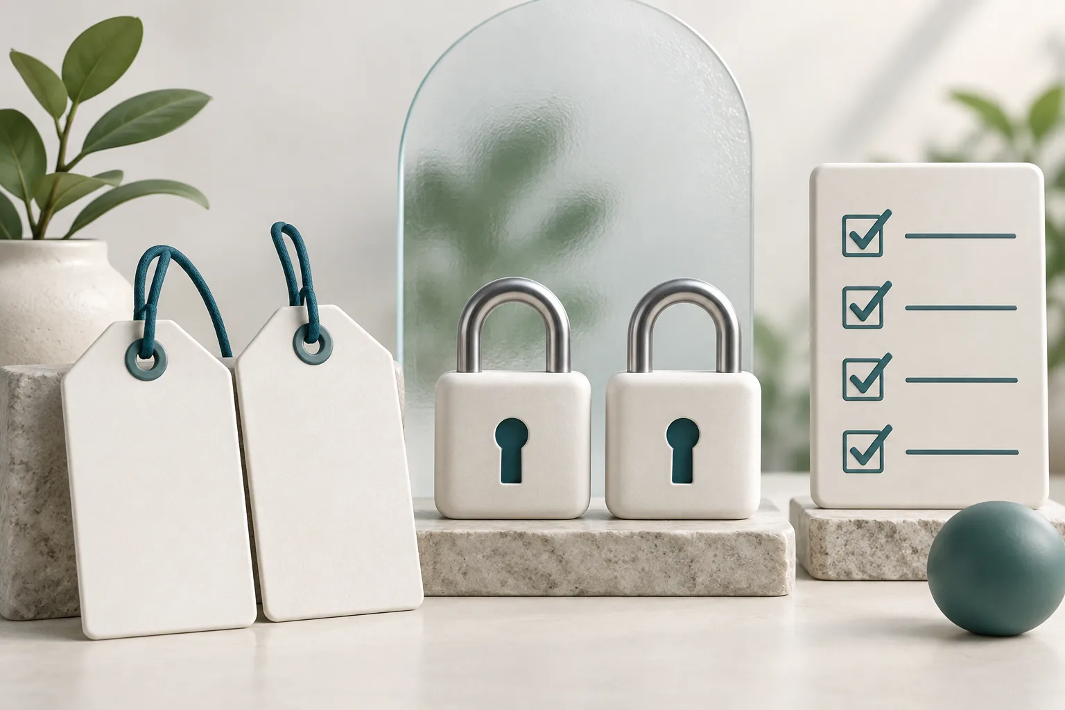 Two blank price tags beside identical locks and a privacy checklist.