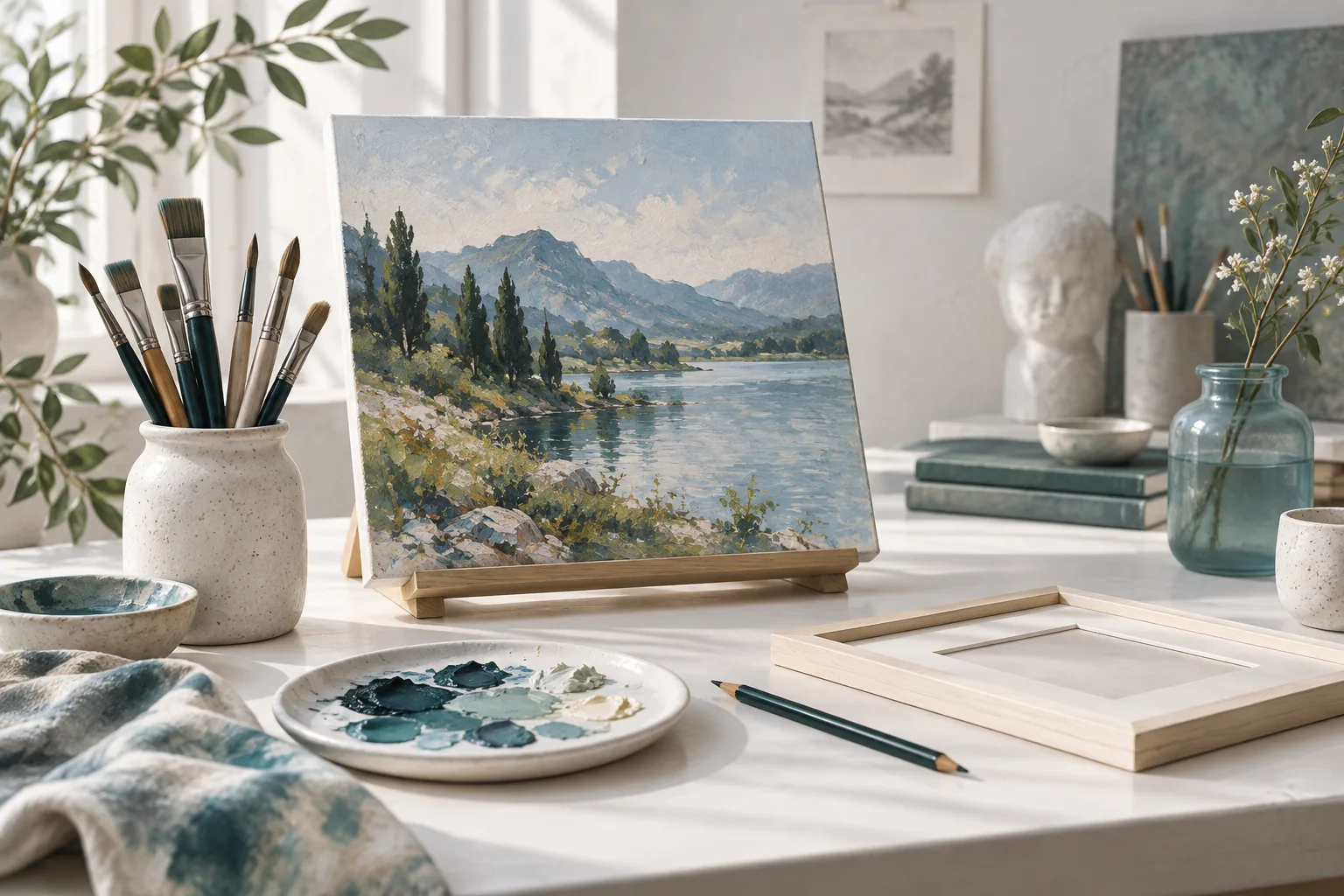 Art tools and a landscape illustration representing non-intimate creative alternatives.