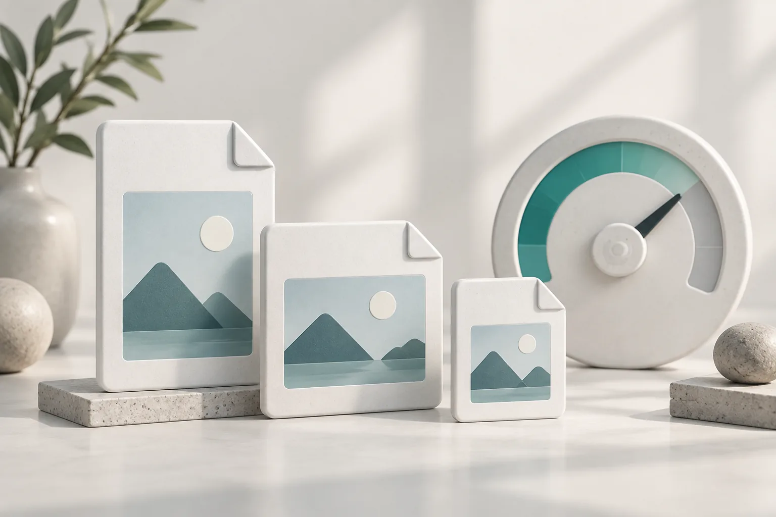Image file cards and a storage gauge representing format and file size checks.