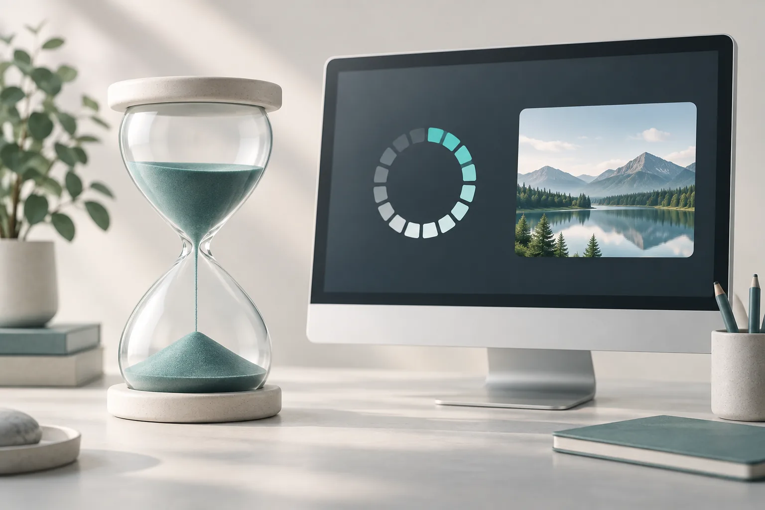 Hourglass and progress indicator representing image processing time.
