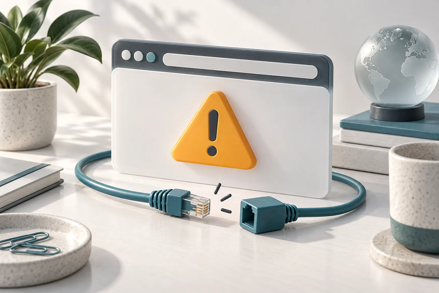 Browser warning symbol and disconnected cable illustrating a technical problem.