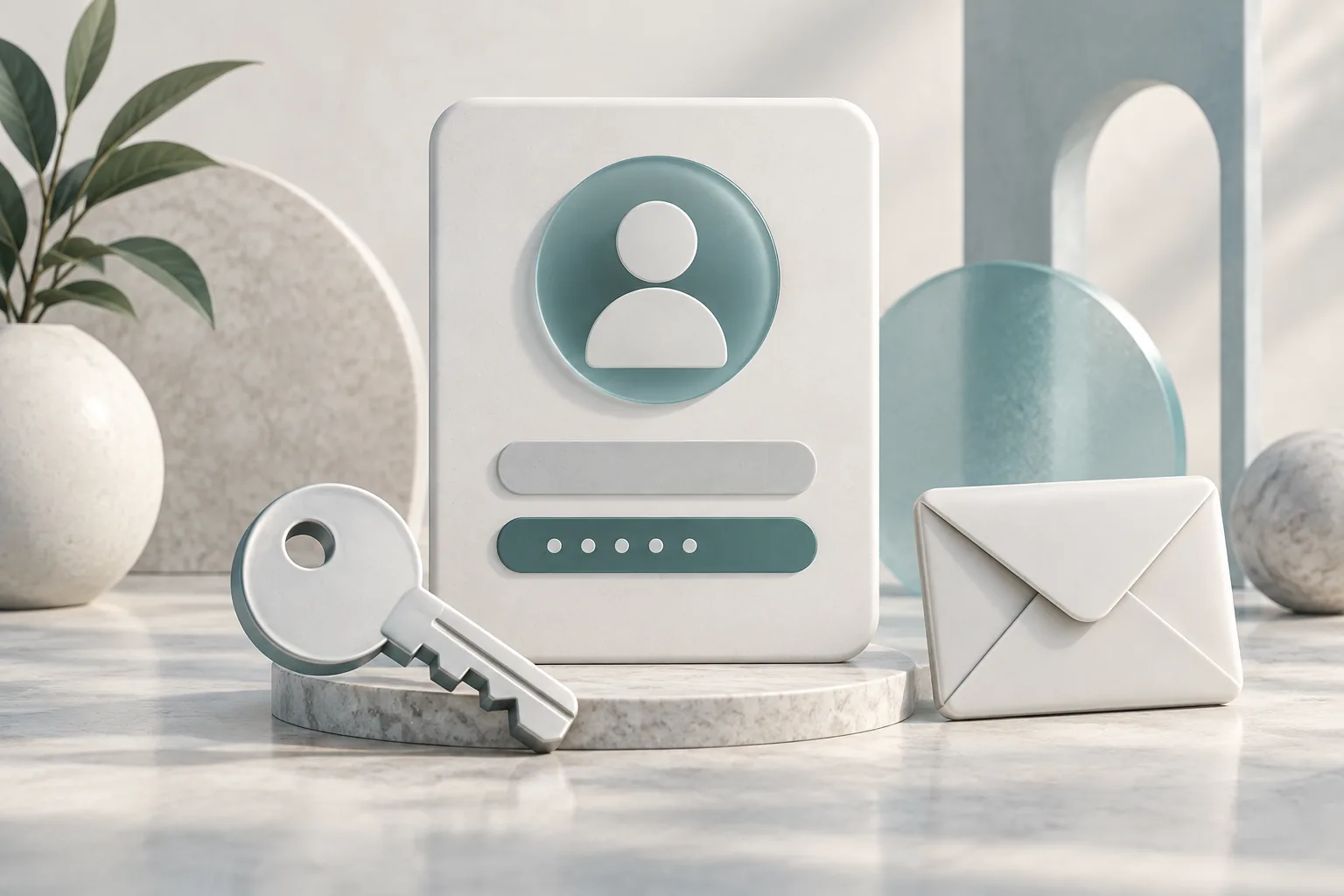 Account card, key and envelope representing registration and sign-in.