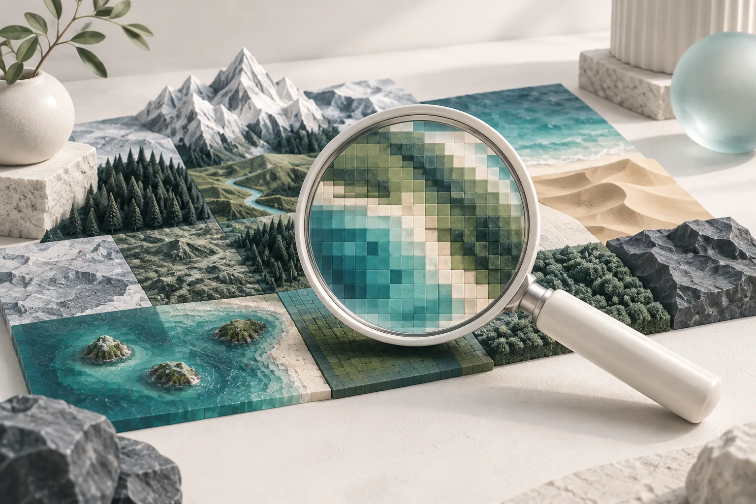 Magnifying glass over a landscape mosaic illustrating image quality assessment.