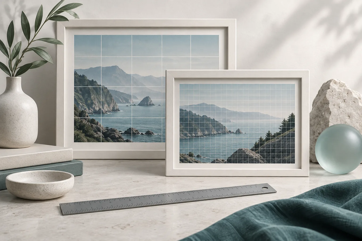 Landscape frames with coarse and fine grids representing image resolution.